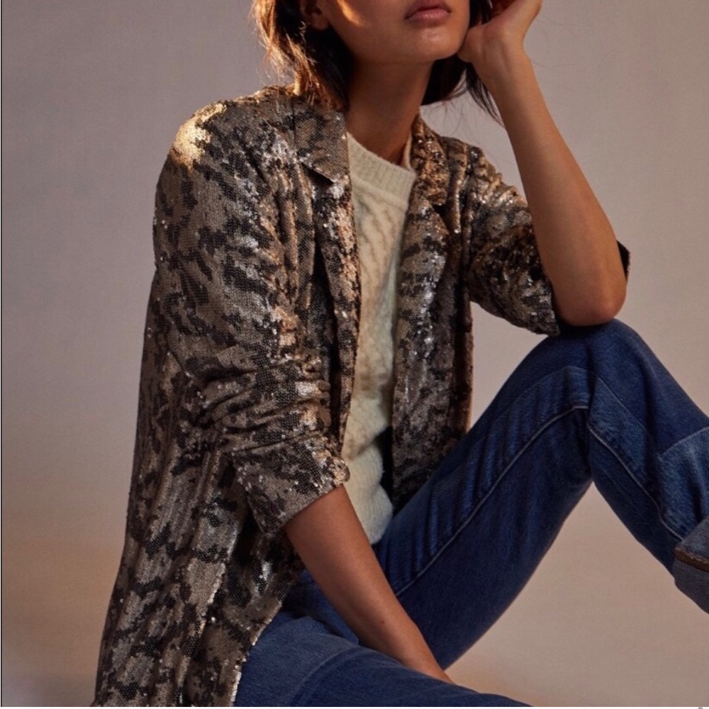 Maeve Sequined Animal Print Blazer in Metallic Gold and Black